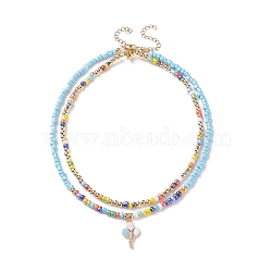 2Pcs 2 Style Glass Seed Pearl Beaded Necklaces Set, Alloy Enamel Balloon Charm Necklaces for Women, Mixed Color, 14.69 inch(37.3cm), 16.1 inch(40.9cm), 1Pc/style(NJEW-JN03936)