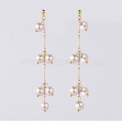 Long Earrings, with Brass Stud Earrings Findings, Round Glass Pearl Beads and Earring Backs/Ear Nuts, Golden, Pink, 88mm, Pin: 0.7mm(EJEW-JE03682-03)