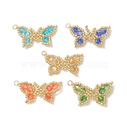 5Pcs 5 Color Glass Seed Beaded Pendants, with Golden Plated 304 Stainless Steel Jump Rings, Butterfly Charms, Mixed Color, 19x29.5x4mm, Hole: 2.5mm, 1Pc/color(PALLOY-MZ00103)