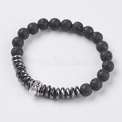 Synthetic Hematite Stretch Bracelets, with Natural Lava Rock and Alloy Findings, Skull, Antique Silver, Original Color, 2-1/4 inch(57mm)(BJEW-I241-22A)