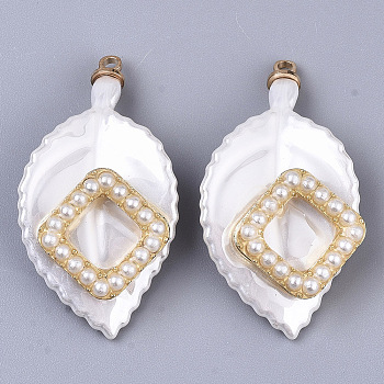 ABS Plastic Pendants, with ABS Plastic Imitation Pearl, Light Gold Plated Alloy Finding and Brass Loop, Leaf with Rhombus, White, 34.5x18.5x6mm, Hole: 1.6mm