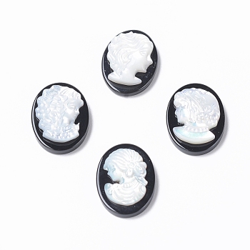 Natural Black Agate Cameo Cabochons, with Shell, Oval with Women Portrait, White, 18x13x4~4.5mm