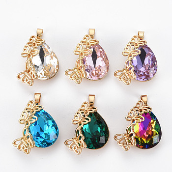 Glass Pendants, with Light Gold Tone Brass Findings, Long-Lasting Plated, Faceted, Teardrop, Mixed Color, 21x19.5x8mm, Hole: 3x5mm