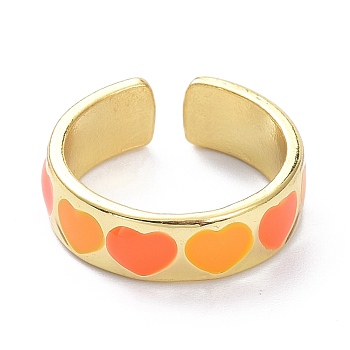 Heart Pattern Alloy Enamel Cuff Rings, Open Rings, Light Gold, Orange, 6.5mm, US Size 7 1/4(17.5mm)