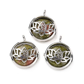 Natural Unakite Locket Pendants, Flat Round Charms, with Platinum Plated Brass Lotus Findings, 31.5x27x9mm, Hole: 4.6mm