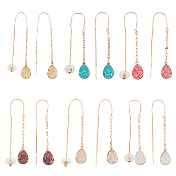 6 Pairs 6 Colors Resin Teardrop Dangle Earrings, Golden Alloy Long Tassel Drop Earrings for Women, Mixed Color, 68mm, Pin: 0.8mm, 1 pair/color