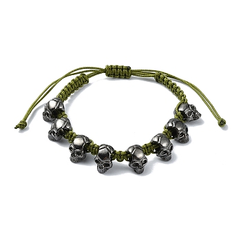 Adjustable Alloy Braided Beads Bracelets, Halloween Skull Bracelets for Men Women, Olive Drab, Inner Diameter: 2~3-1/8 inch(5~7.8cm)