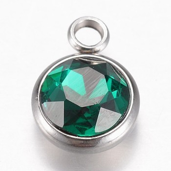 Glass Charms, May Birthstone Charms, Faceted, with 304 Stainless Steel Findings, Flat Round, Green, 14x10x6.5mm, Hole: 2.5mm