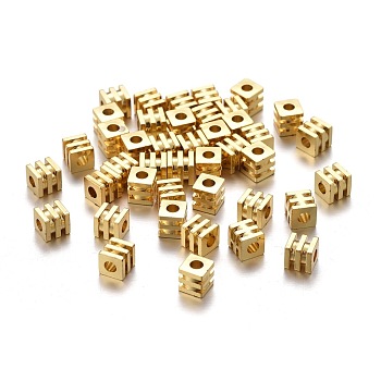 Brass Spacer Beads, Long-lasting Plated, Grooved Cube, Golden, 4x4x4mm, Hole: 1.8mm