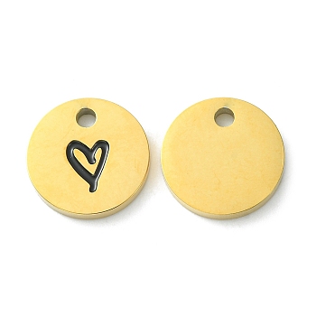 Ion Plating(IP) 304 Stainless Steel Manual Polishing Charms, with Enamel, Flat Round with Heart, Golden, 14x2mm, Hole: 2mm