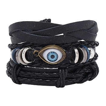3Pcs 3 Style Adjustable Braided Imitation Leather Cord Bracelet Sets, Alloy Evil Eye & Wood Beaded Stackable Bracelets with Waxed Cord for Men, Black, Inner Diameter: 2-1/8~3-1/8 inch(5.5~80cm), 1Pc/style
