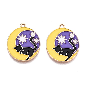 Tarot Card Theme Alloy Enamel Pendants, Lead Free & Cadmium Free, Golden, Cat Pattern, Oval, 27x21x1mm, Hole: 1.6mm