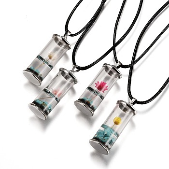 Glass Wishing Bottle Leather Cord Pendant Necklaces, with Dried Flower & Natural Gemstone Chip Beads Inside, Platinum, Mixed Color, 17-3/8 inch(44.05cm)