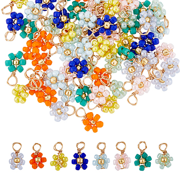 80Pcs 8 Color Glass Seed Beaded Flower Charms, with Real 18K Gold Plated Copper Wire Wrapped, Mixed Color, 9x6x2mm, Hole: 1.4mm, 10Pcs/color
