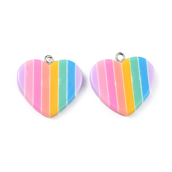 Rainbow Heart Resin Pendants, with Platinum Plated Iron Peg Bails, Colorful, 25x25x4mm, Hole: 2mm