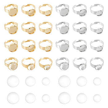 DIY Blank Dome Finger Rings Making Kit, Including 304 Stainless Steel Pad Ring Settings, Glass Cabochons, Golden & Stainless Steel Color, 48Pcs/box