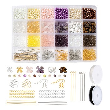 DIY Beads Earring Making Kit, Including Glass & Glass Pearl Beads, Gemstone Chip Beads, 304 Stainless Steel Jump Rings & Pin, Iron Earring Hooks & End Chain, Elastic Thread, Mixed Color, Gemstone Chip Beads: about 728pcs/set