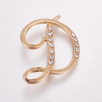 Alloy Brooches, with Rhinestone, Letter, Letter.D, Golden, 45x35x3.5mm, Pin: 1mm