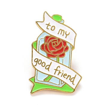 To My Good Frieng Word Enamel Pin, Bottle with Rose Shape Alloy Enamel Brooch for Backpack Clothes, Golden, Colorful, 32x20x9.5mm, Pin: 1mm.