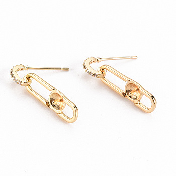 Brass Micro Pave Clear Cubic Zirconia Stud Earring Findings, for Half Drilled Beads, Nickel Free, Oval, Real 18K Gold Plated, 23x6mm, Pin: 0.6mm, Pin: 0.6mm(for half drilled beads)