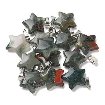 Natural Bloodstone Pendants, Star Charms with 201 Stainless Steel Snap on Bails, Stainless Steel Color, 22x20x6mm, Hole: 3x5.5mm