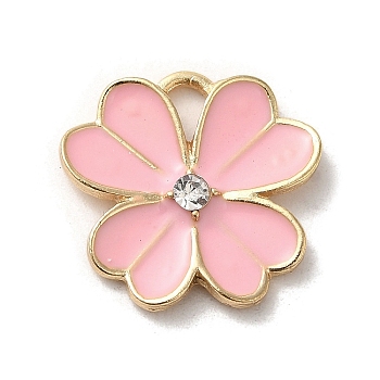 Flower Alloy Enamel Pendants, with Rhinestone, Light Gold, Pink, 19x19.5x3mm, Hole: 4x2.5mm
