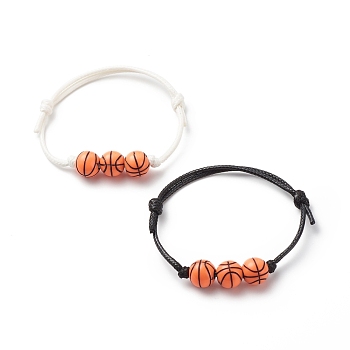 2Pcs 2 Colors Sport Theme Acrylic Beaded Bracelet, Polyester Cord Adjustable Bracelets for Men Women, Basketball Pattern, Inner Diameter: 1-7/8~3-1/4 inch(4.7~8.3cm), 1Pc/color