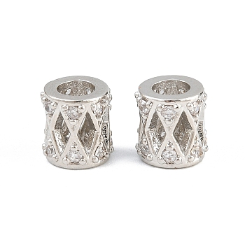 Brass Micro Pave Clear Cubic Zirconia European Beads, Large Hole Beads, Column with Rhombus Pattern, Rack Plating, Long-Lasting Plated, Lead Free & Cadmium Free, Platinum, 7.5x8mm, Hole: 4mm