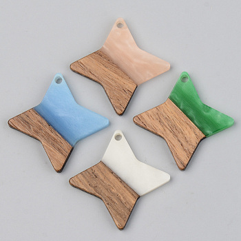 Opaque Resin & Walnut Wood Pendants, Star, Mixed Color, 29.5x29.5x3mm, Hole: 2mm