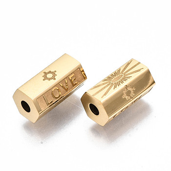 304 Stainless Steel Beads, Hexagonal Prism with Word Love, Real 14K Gold Plated, 11.5x6.5x6mm, Hole: 2mm