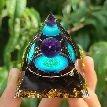 Resin Orgonite Pyramid Home Display Decorations, with Natural Gemstone Chips, Cyan, 50x50x50mm
