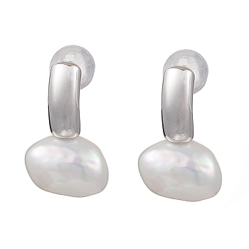 Natural Pearl Ear Studs, with Sterling Silver Findings, Oval, Platinum, 16.5x10mm