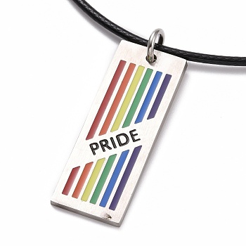Pride Style 201 Stainless Steel Pendant Necklaces, with Enamel and Waxed Cords, Rectangle, Colorful, Stainless Steel Color, 23.54 inch(59.8cm)