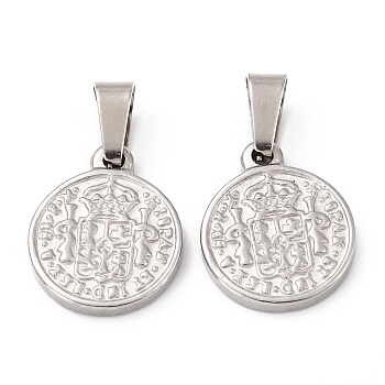 304 Stainless Steel Coin Pendants, Hispan Et Ind Rex Coin, Stainless Steel Color, 29x25x2.5mm, Hole: 5x7.5mm