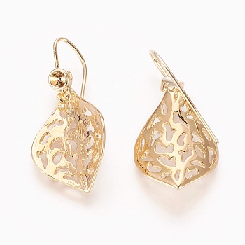 Brass Earring Hooks, Leaf, Real 18K Gold Plated, Tray: 2.5mm, 33mm, Pendant: 27x15.5x1mm, 21 Gauge, Pin: 0.7mm