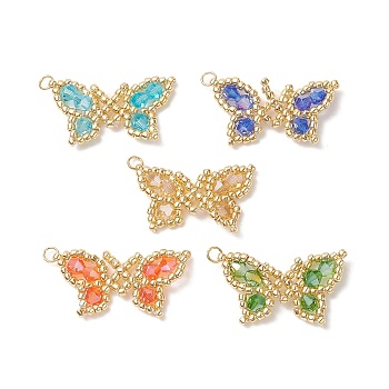 5Pcs 5 Color Glass Seed Beaded Pendants, with Golden Plated 304 Stainless Steel Jump Rings, Butterfly Charms, Mixed Color, 19x29.5x4mm, Hole: 2.5mm, 1Pc/color