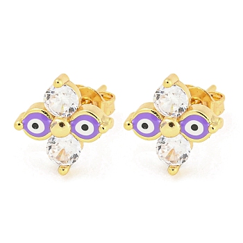 Flower with Evil Eye Real 18K Gold Plated Brass Stud Earrings, with Enamel and Cubic Zirconia, Lilac, 11.5x11mm