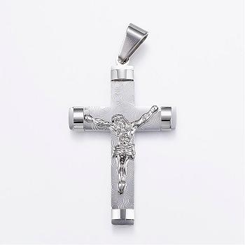 304 Stainless Steel Big Pendants, For Easter, Cross with Jesus, Stainless Steel Color, 58x36x6mm, Hole: 12x6.5mm