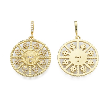 Brass Micro Pave Clear Cubic Zirconia Pendants, Flat Round, Real 18K Gold Plated, 25.5x23x2mm, Hole: 3.5x5.5mm