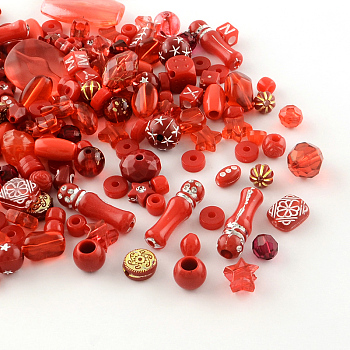 Acrylic Beads, Mixed Shapes, Red, 5.5~28x6~20x3~11mm, Hole: 1~5mm