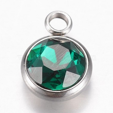 Stainless Steel Color Green Flat Round Glass Charms