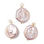 Natural Baroque Pearl Keshi Pearl Pendants, Flat Round Charms with Brass Loops and 304 Stainless Steel Open Jump Rings, Thistle, Golden, 23~24x18.5~19.5x6~7mm, Hole: 3mm(PALLOY-JF04629-01)