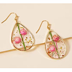 Teardrop Alloy Resin Dangle Earrings, with Dried Flower, Golden, Hot Pink, 40x18mm(FS-WG72C44-04)