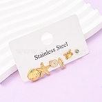 6Pcs Ocean Series 304 Stainless Steel Stud Earrings, with Rhinestone & Enamel, Ion Plating(IP), Real 18K Gold Plated, 7~13.5x4~14mm(EJEW-K268-91G)
