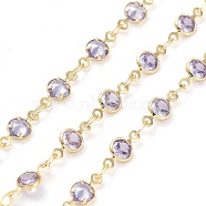 Handmade Lilac Glass Flat Round Link Chains, with Brass Findings, with Spool, Soldered, Real 18K Gold Plated, 10x4.5x2mm, about 16.40 Feet(5m)/Roll(KK-F871-57G)