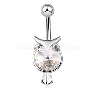 Piercing Jewelry Real Platinum Plated Brass Cubic Zirconia Owl Navel Ring Navel Ring Belly Rings, with 304 Stainless Steel Bar, Clear, 32x12mm, Bar Length: 3/8"(10mm), Bar: 14 Gauge(1.6mm)(AJEW-EE0001-33A)