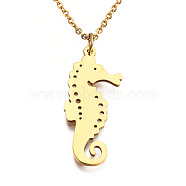 201 Stainless Steel Pendant Necklaces, with Cable Chains, Seahorse, Golden, 17.5 inch~17.9 inch(44.5~45.5cm), 1.5mm, Seahorse: 30x13x1mm(NJEW-T009-JN074-2-45)