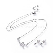 304 Stainless Steel Jewelry Sets, Brass Micro Pave Cubic Zirconia Pendant Necklaces and 304 Stainless Steel Stud Earrings, with Ear Nuts/Earring Back, Twelve Constellations, Clear, Taurus, 465x1.5mm(SJEW-F211-01J-P)