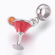 304 Stainless Steel European Dangle Charms, Large Hole Pendants, with Enamel, Cup, Crimson, Stainless Steel Color, 25mm, Hole: 4mm, Pendant: 15x13x9mm(X-STAS-O097-53P)