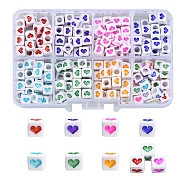 304Pcs 8 Colors White Opaque Acrylic Beads, Cube with Heart, Mixed Color, 6.5x6x6mm, Hole: 3mm, 38pcs/color(MACR-YW0001-92)